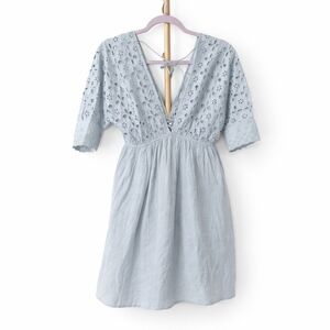 MACARON Light Blue/Gray light blue eyelet V-Neck lace dress empire waist SZ SM
